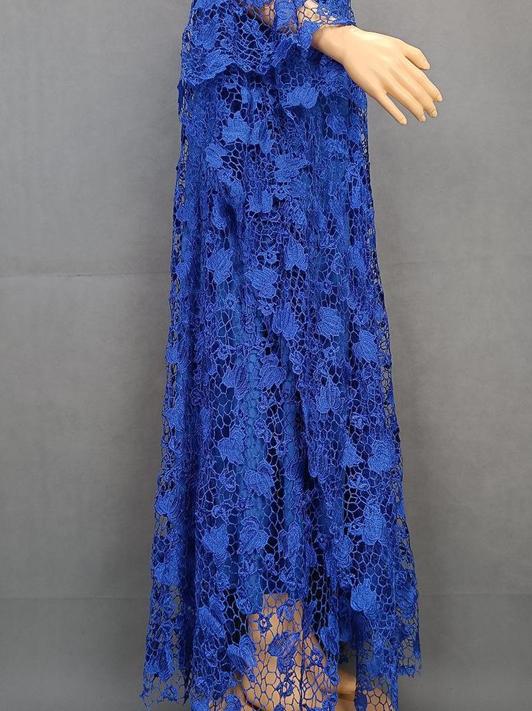Plus Size African Women's Loose Long Robe Dress with Water Soluble Lace & Short Sleeves