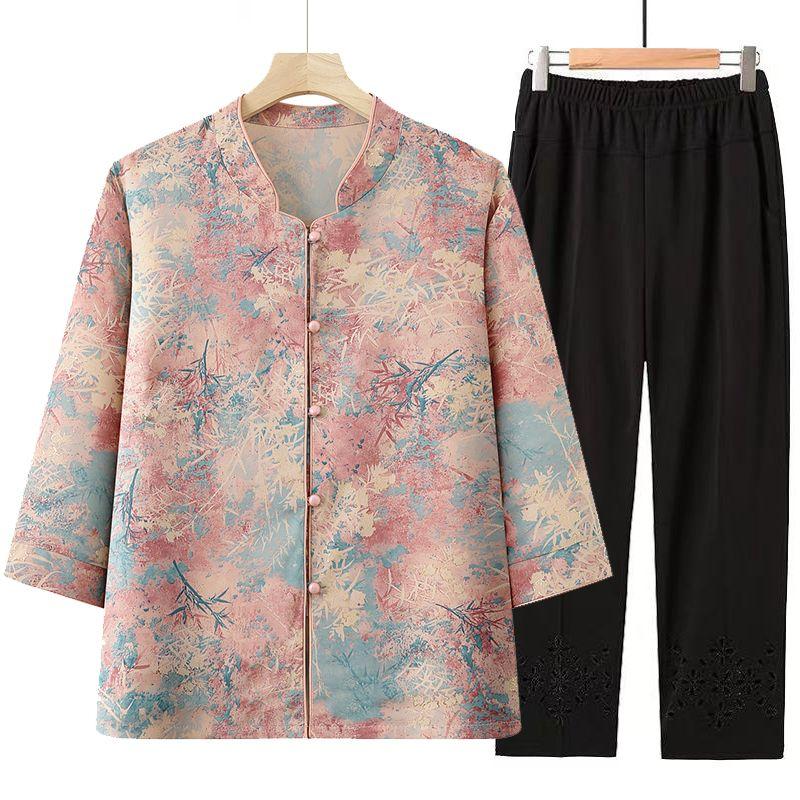 Summer Outfit Shirt and Pants Two Piece Set for Women Grandma Casual Mother Clothes