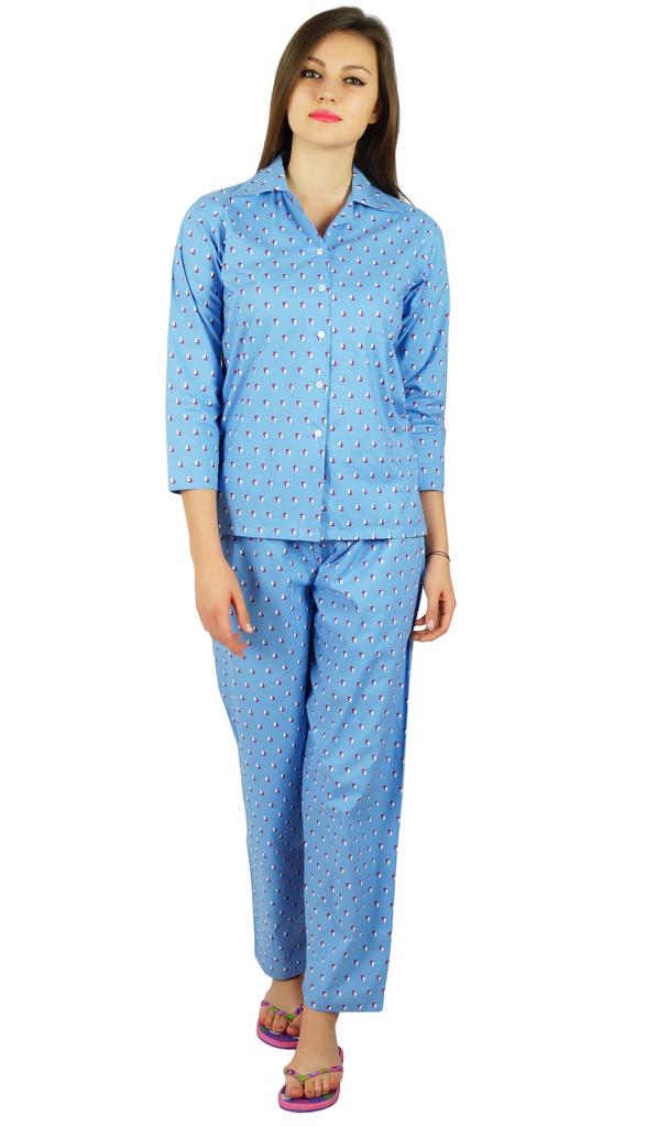 Bimba Womens Cotton Night Wear Printed Pajama Set Full Sleeve Shirt with
