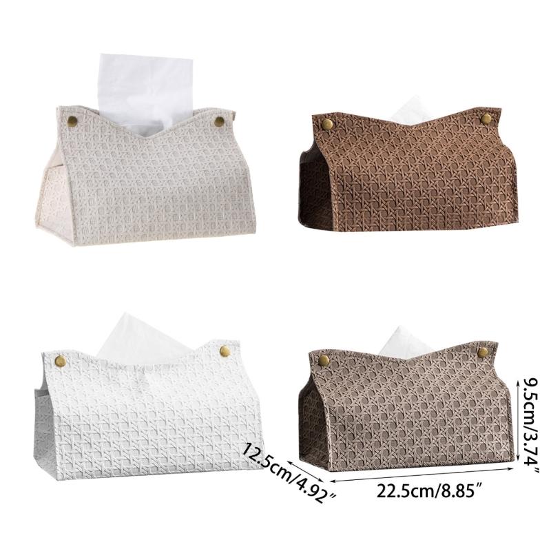 PU Leather Tissue Holder Rectangular Rattan-Tissue Box Cover Facial-Tissue-Case Paper Dispenser for Drop