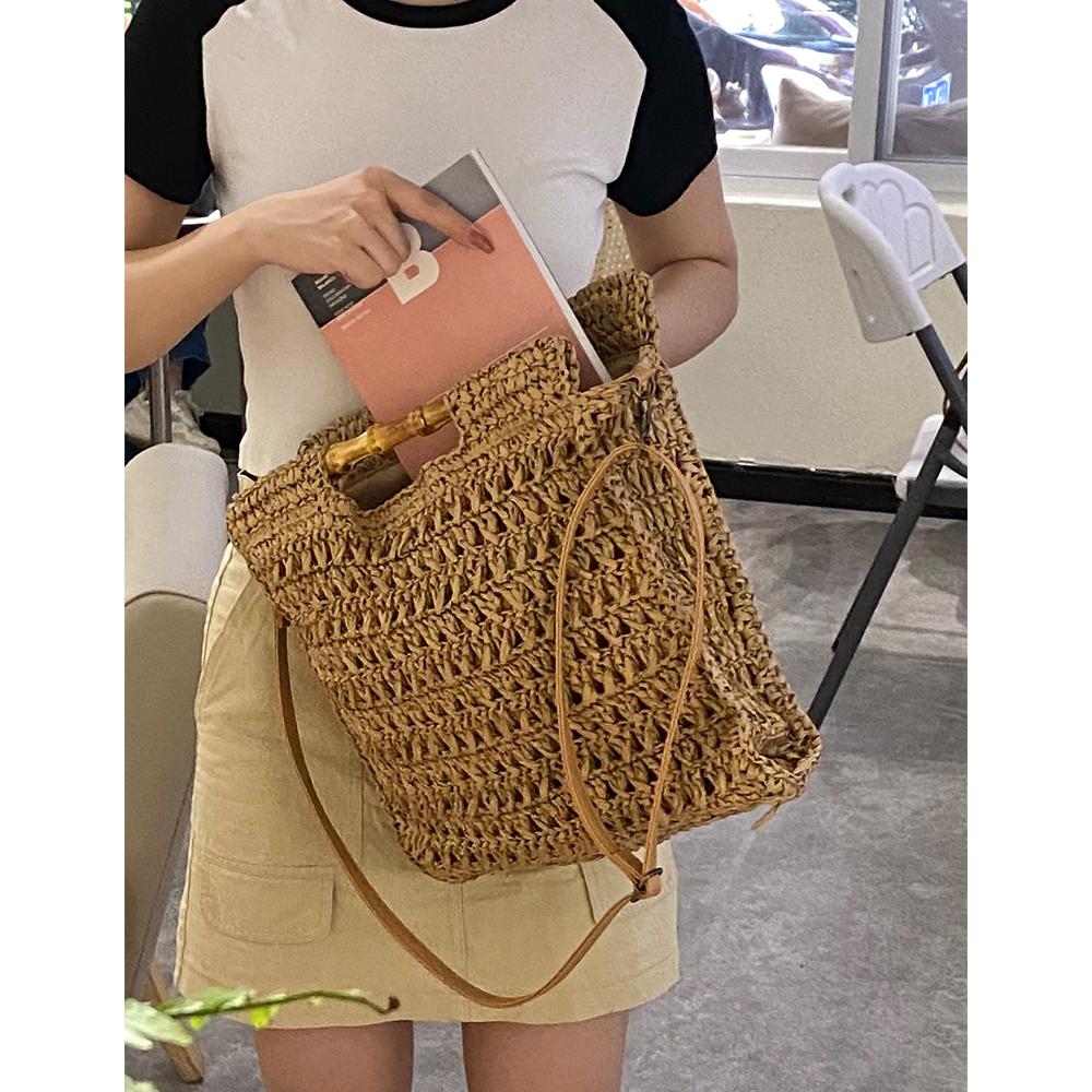 Bambusgriff Stroh Handtasche Handgefertigt Gewebte Strandtaschen für Damen Papierseil Stricken Rattan Tasche Quadratische Schultertasche Umhängetasche