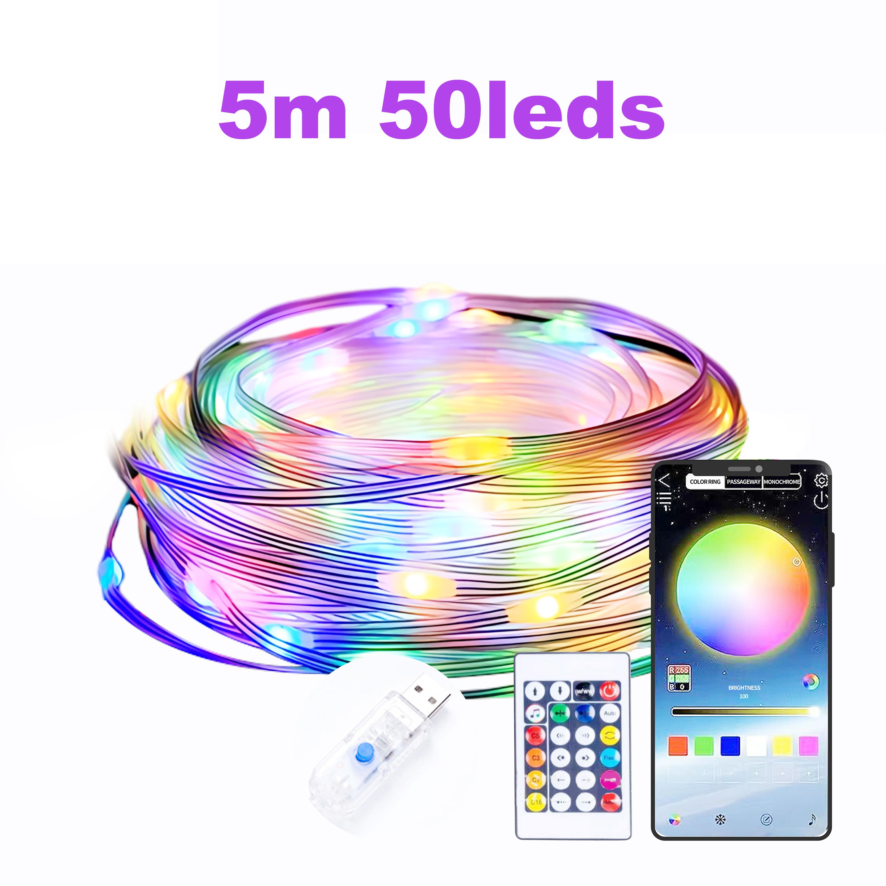

5M/10M/20M Умная светодиодная гирлянда USB RGB с приложением и пультом дистанционного управления для украшения комнаты, свадьбы, рождественской вечеринки 5m 50leds