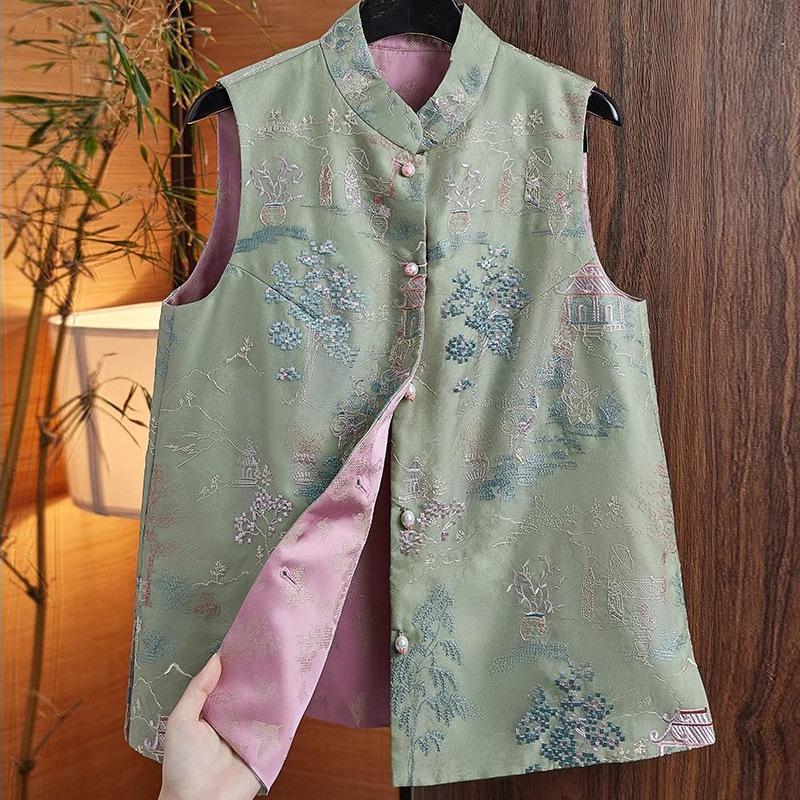 Vyšívaná vesta, oblek Tang, čínský styl, jarní a letní nový styl čínský oděv etnický styl spona s koněm retro vesta čínské topy pro ženy