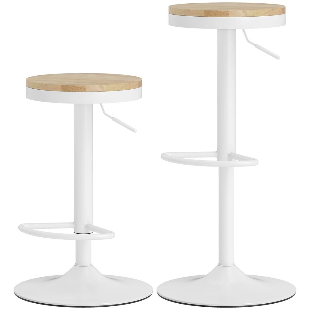 Bar Stool Set of 2, Height-Adjustable 360 degrees Swivel Bar Stool with Steel Frame Footrest 38.5x38.5x60-80 cm Natural Wood+White
