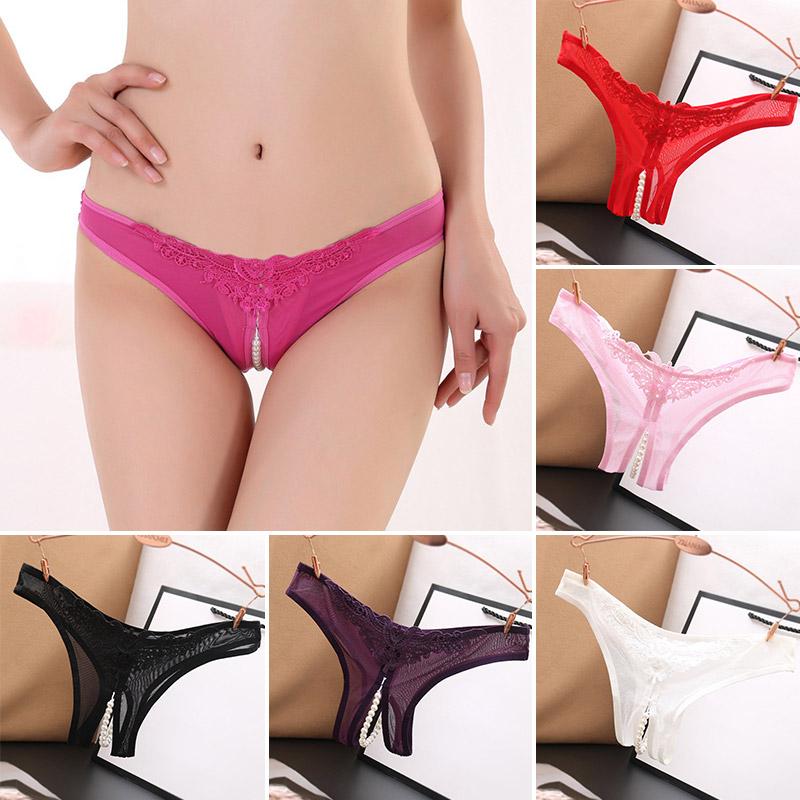 Women's Lace Briefs Ladies Exotic Open Crotch Panties Thongs Crotchless Pearl G-String Lingerie Sexy Underwear Massaging Beads