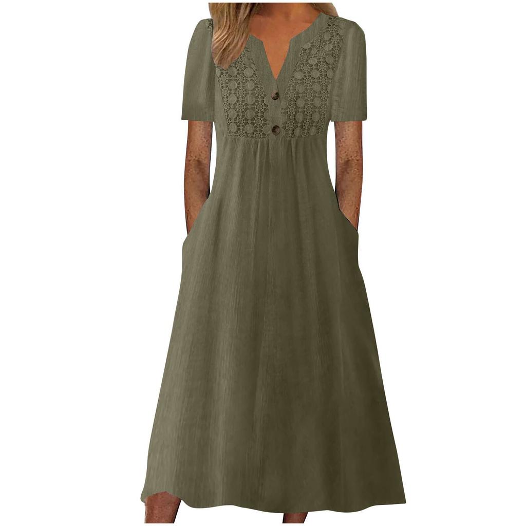 Summer Dresses For Women Boho Maxi Dress Short Sleeve V Neck Dresses Fashion Dress with Pockets