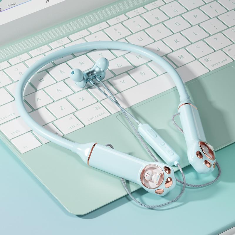 

RGB Neckband Headphones: Metal Ear Shell & Heavy Bass with Cute Space Cat Design синій