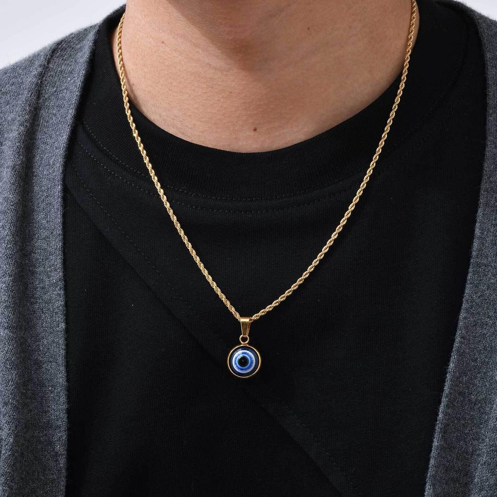 Lässige Böse Blaue Augen Halsketten für Männer Jungen,Runder Anhänger aus Edelstahl,Ethnische Türkische Amulett Geschenke Schmuck