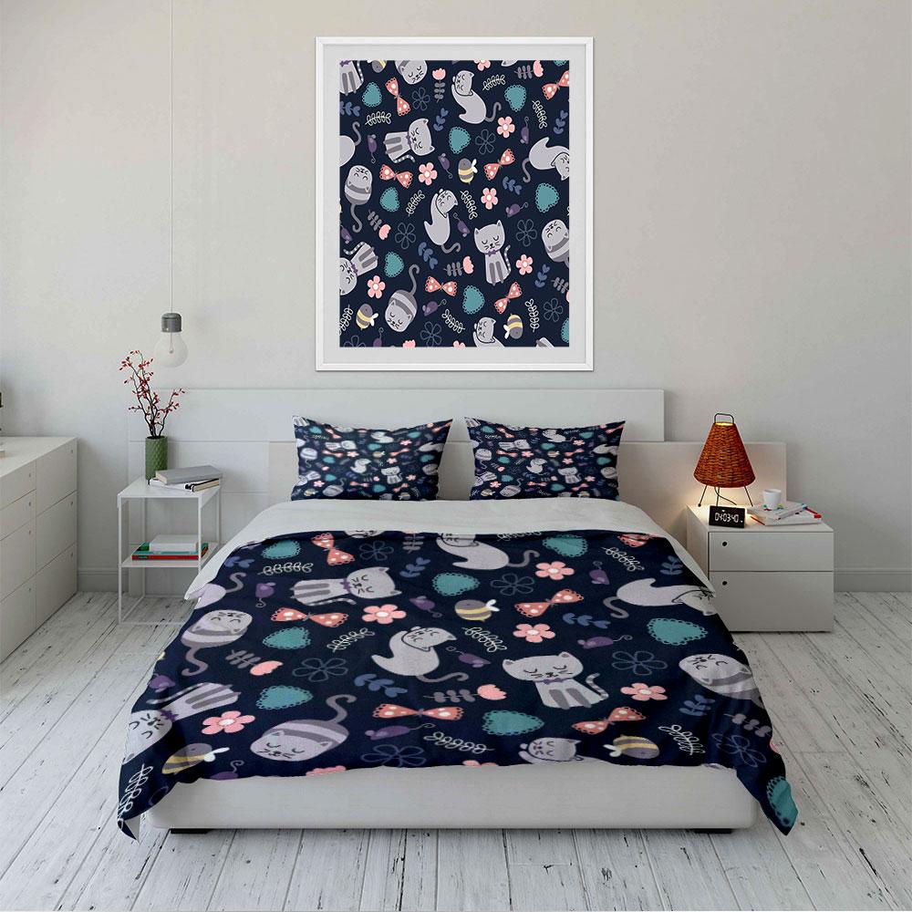 Cute Cartoon Cats Floral Design Bedding Duvet Cover Set Duvet Cover Pillowcases (1 * Duvet Cover 2 * Pillowcases, Without Duvet Insert)
