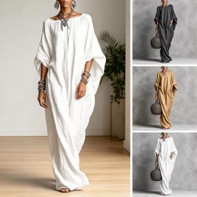Damen Baumwoll-Leinen Maxikleid Lässig Fledermausärmel 3/4 Ärmel Locker A-Linie Langes Kleid Sommerurlaub Strand Sonnenkleid mit Taschen