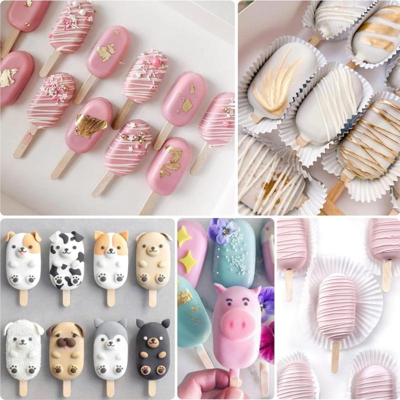 Silicone Ice Cream Maker 4 Cavities Popsicle Mold with Wooden Sticks Oval Cake Chocolate Baking Tools Reusable Dessert Molds