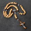 Cross Rosary Necklace with Handmade Knotted 9x10 Wooden Beads in Coffee Color