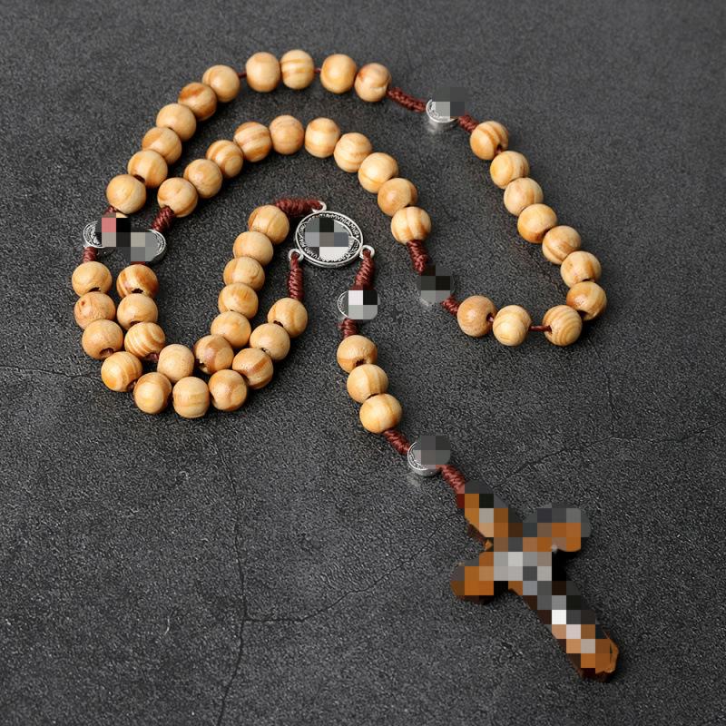Cross Rosary Necklace with Handmade Knotted 9x10 Wooden Beads in Coffee Color