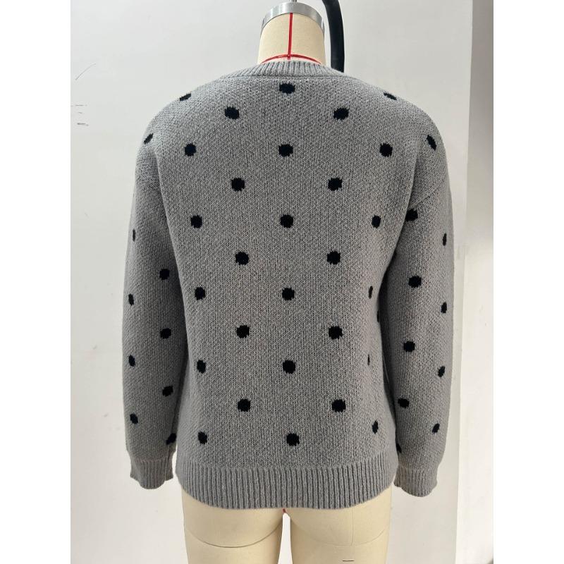 Women Loose Fit Long Sleeve Pullover Knit Sweater Polka Dot Jacquard