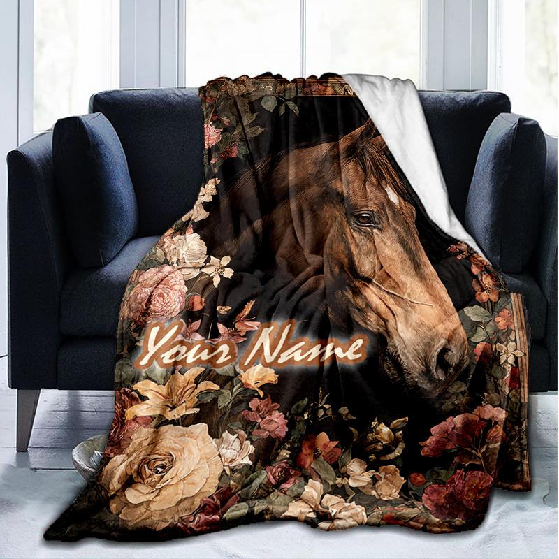 1PC Custom Name Horse Portrait Flowers Outdooor Flannel Blankets Patterns Throw Blanket All-Season Soft Gift for Couch, Bed, Camping Gifts