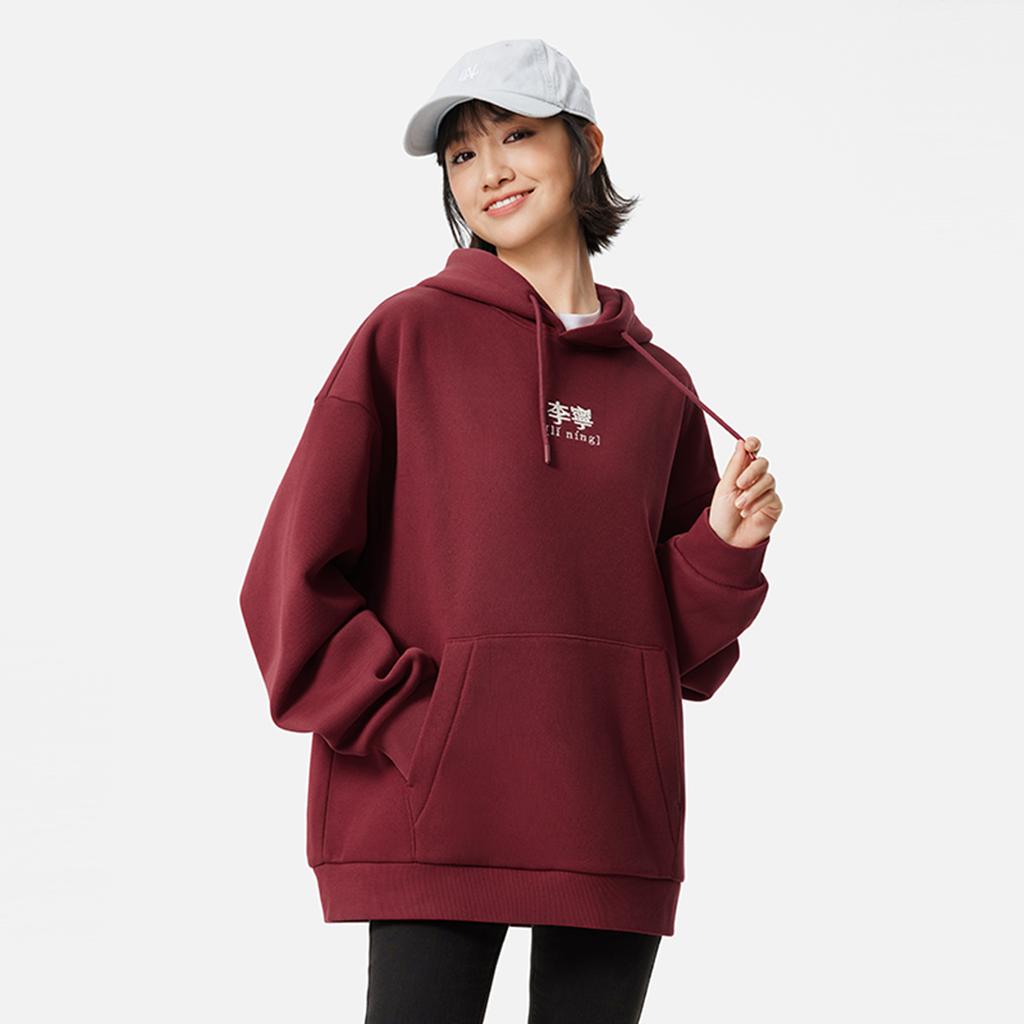 Li Ning Sports Fashion Series American Retro Fleece Loose Hooded Printed Letter Casual Sweatshirt Women sweatshirt Bicycle-Red AWDU923-15