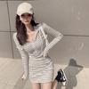 Spring and Autumn New Long Sleeve Slim Skinny Short Bottom Hip Skirt Striped Hooded Zipper Sweater Dress