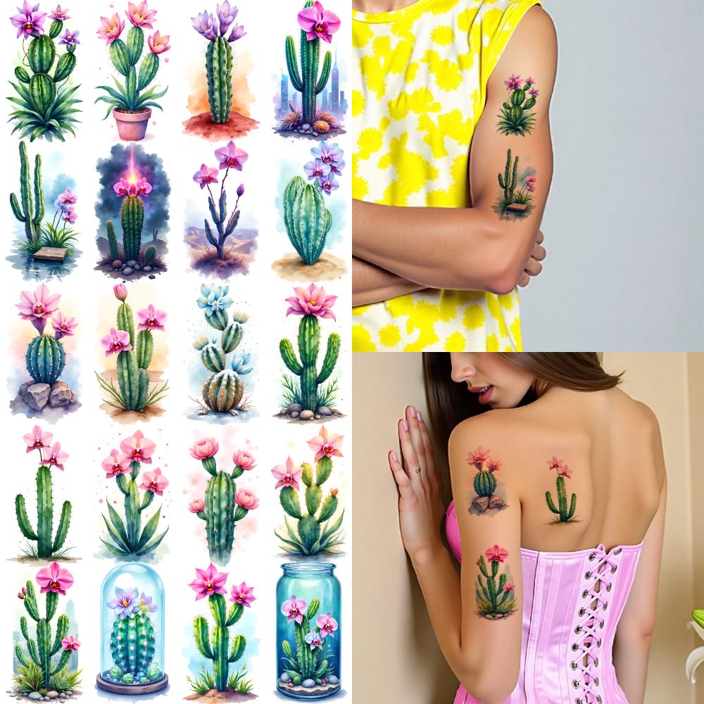 9pcs Temporary Tattoo Cactus Watercolor Watercolor Flower Temporary Tattoo Stickers For Chest Cheeks