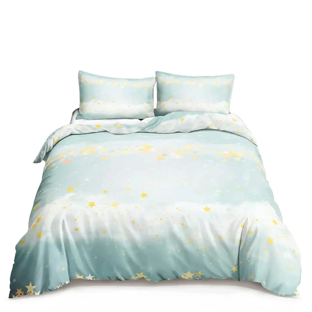 Kawaii Moon Starry Night Sky Duvet Cover Set Blue Pink Purple Star Galaxy Bedding Sets Full Size for Boys Girls Comforter Cover