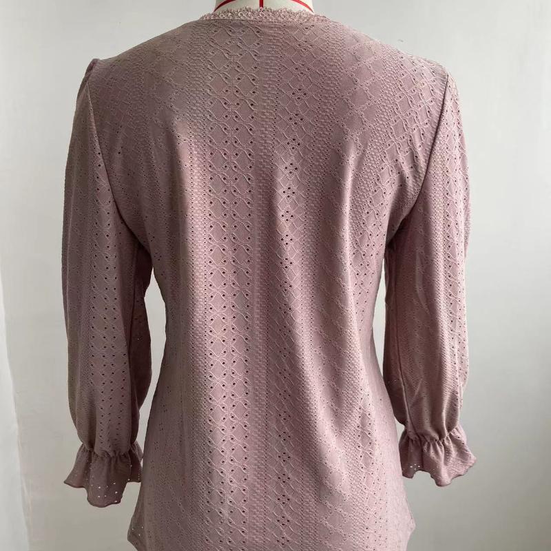 Camiseta Feminina Decote V Primavera Verão Outono Blusas Vazadas Casual Manga Pregueada Top Camisa