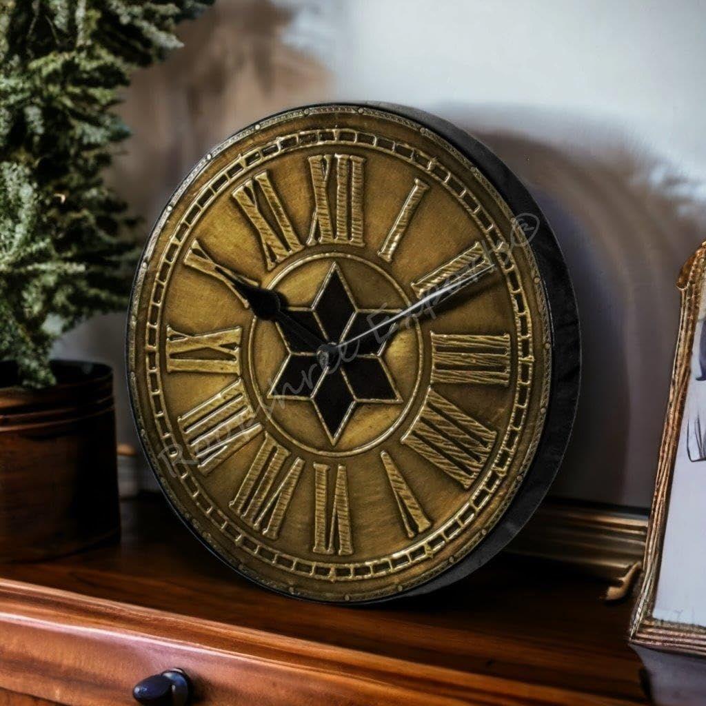 Clock Hand-Crafted Wood And Brass Analog Wall Clock / 8 Inches(20 Cm'S)/ Pure Brass/Hand-Hammerred Art Work/Antique Finish