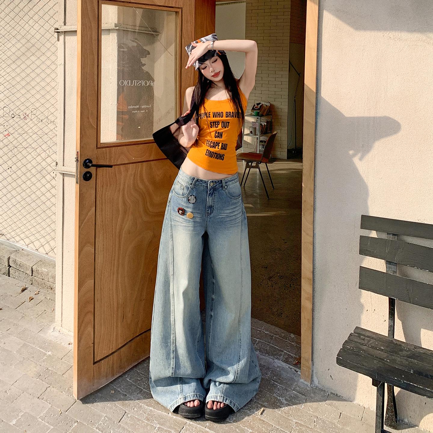 Spring 2026 Retro Light Blue Distressed Patchwork High-Waisted Wide-Leg Jeans - Women s Slimming Floor-Length Pants M