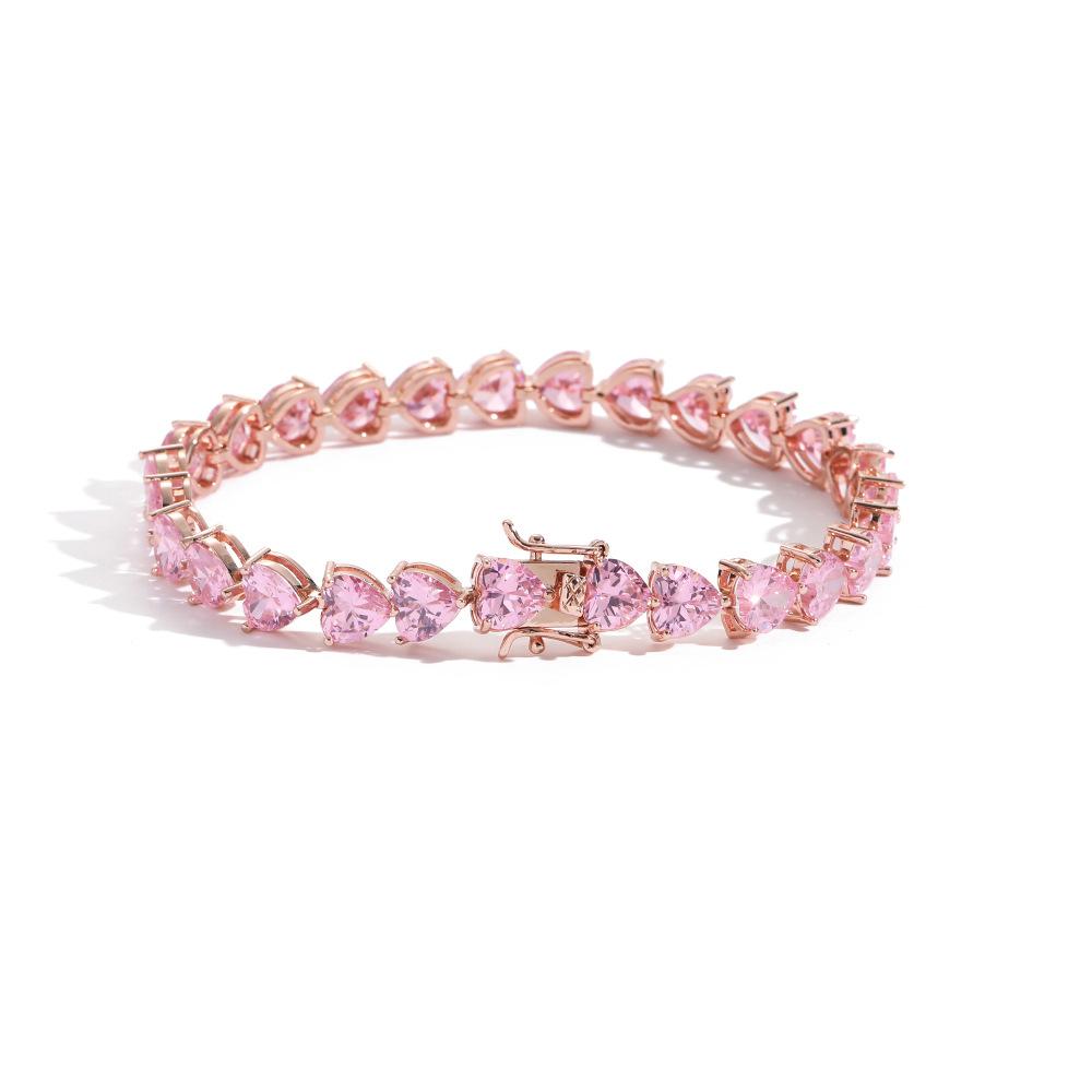 Tennis chain 7mm three-claw heart-shaped men's tennis bracelet, hip-hop rose gold single-row chain