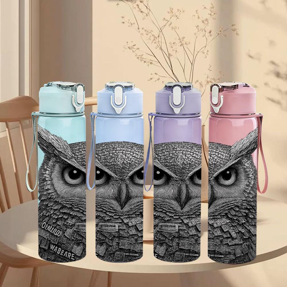 1PC Grey Owl Realistic Face Portrait Print 750ml Color Plastic Sports Water Bottle Leakproof Flip Straw Lid Suitable for Sports Office Home Use