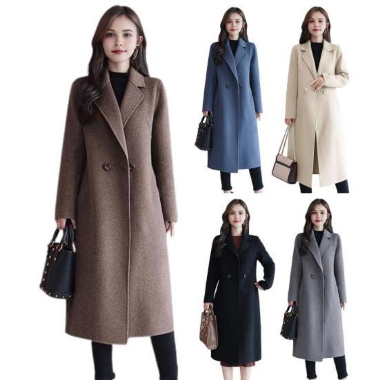 Thermal Winter Coat Women Double Breasted Overcoat Turn Down Collar Long Sleeved Loose Fit Jacket Solid Color Pockets Commuting Dating Spring Fall
