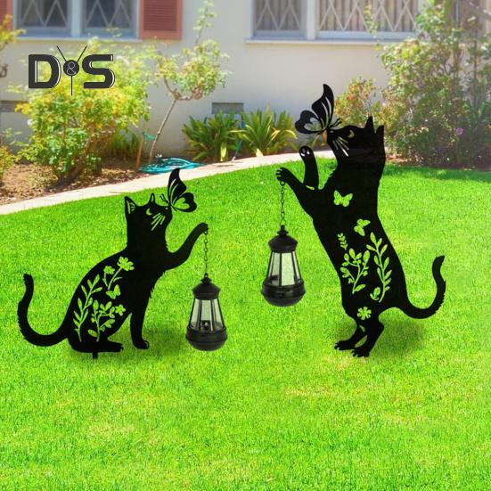 2 Pcs Metal Cat Solar Lights Outdoor Black Cat And Butterfly Yard Sign Waterproof Cat Silhouette Stake Lawn Light for Garden Patio