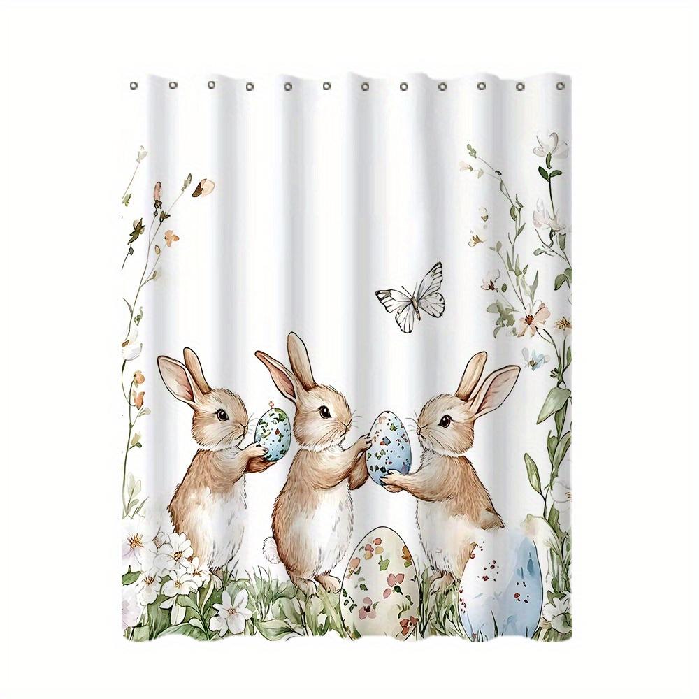 Easter Shower Curtain - Digital Printed Polyester, Hand-Painted Flowers & Rabbits With Eggs,Interior Home Decor,Toilet Partition