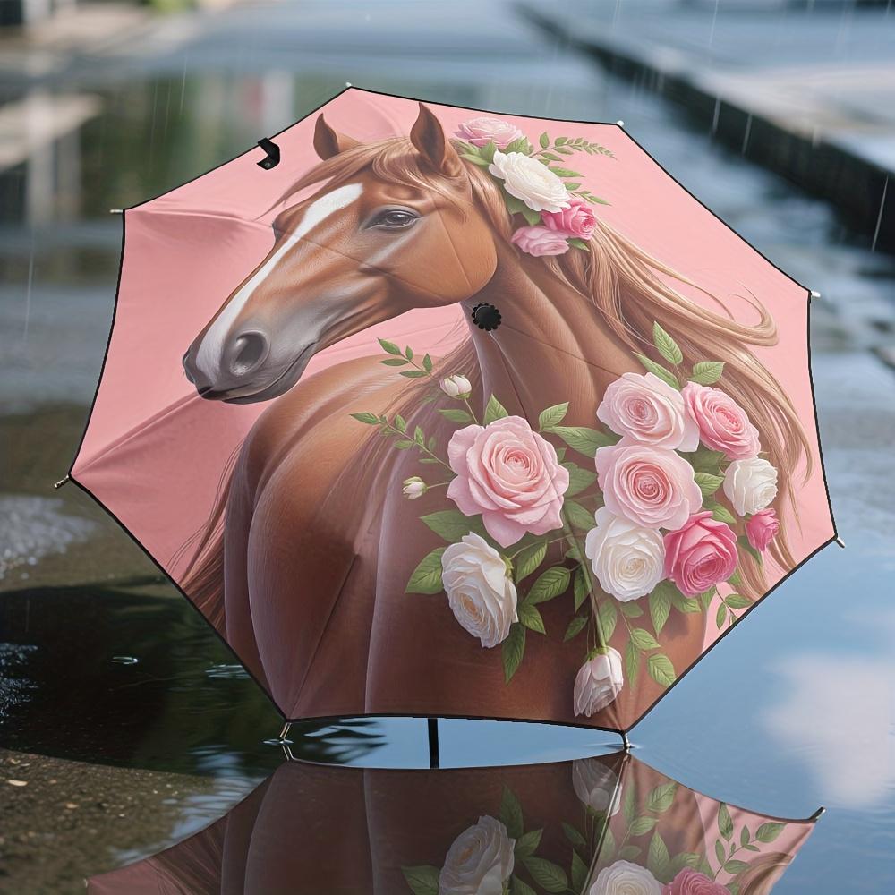 

1pc Open/Close Compact Umbrella with Horse & Pink Rose Floral Design - Self-Folding 8-Rib Heavy-Duty Frame, Lightweight 210T F (as the picture,Iron&8K)