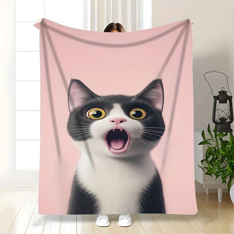 1pc Cute Cat Flannel Blanket - Pink & Tabby Cat Design with Expressive Eyes, Soft Warm All-Season Throw for Home, Office 130x150cm51x59in