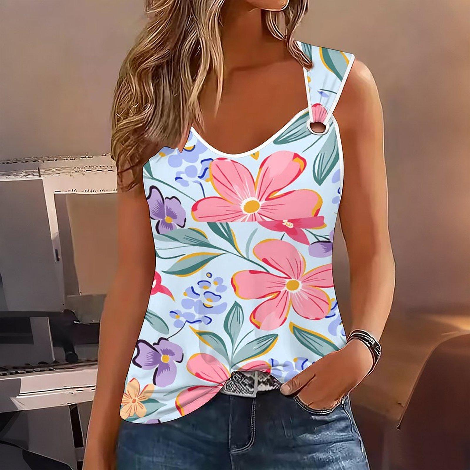 

Ladies Outdoor Casual Sports Double Loop Buckle Vest with Flower Print Pattern ,V-neck, Sleeveless, Medium Stretch Fabric 8XL дитини синього кольору