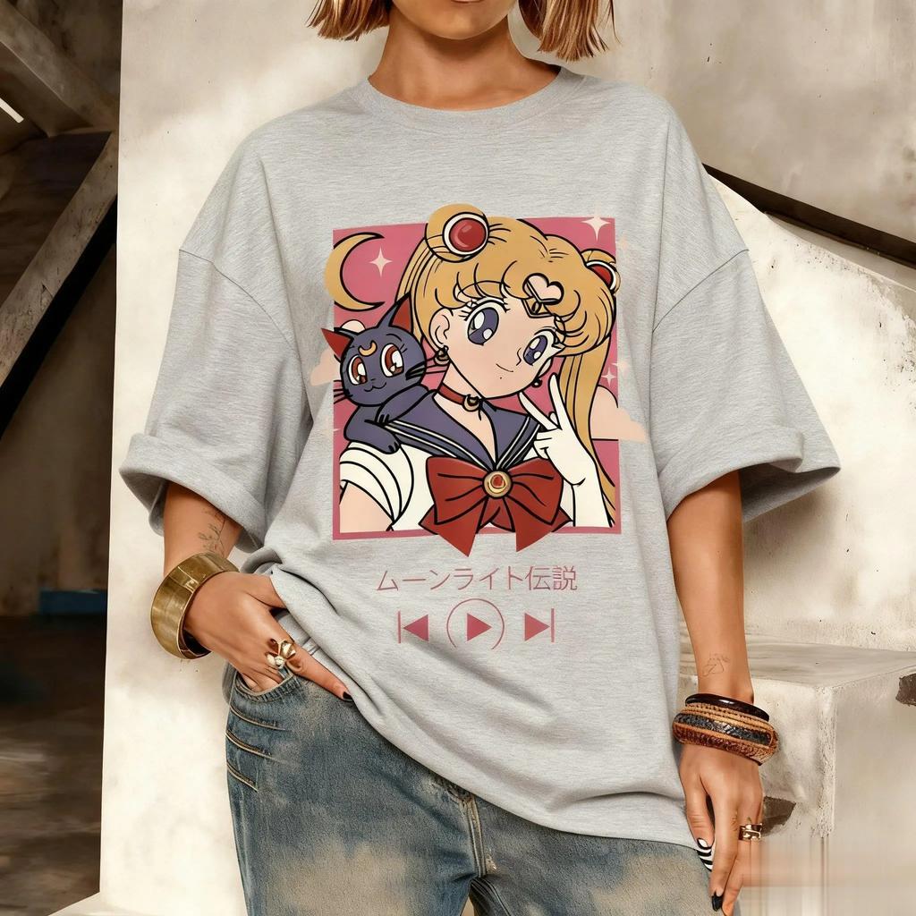 Sailor Moon Tsukino Usagi & Luna "Moonlight Densetsu" Music Player Oversized T-Shirt Girl Anime Streetwear Tee, 100% Cotton Casual Short Sleeve Top