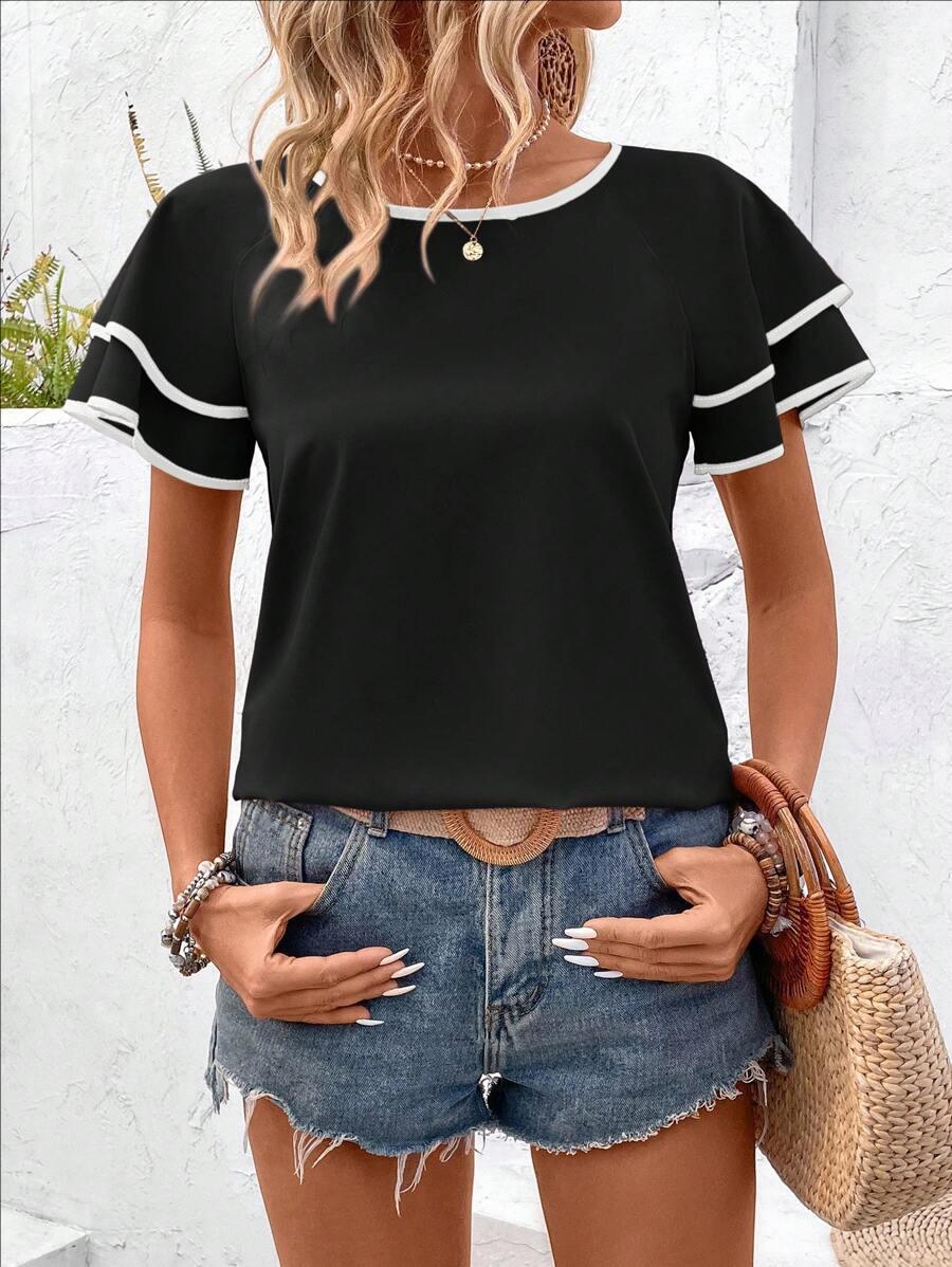 Women Elegant Ruffled Sleeve Color Block Loose Round Neck Short Sleeve Top S чёрный