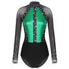 Womens Figure Skating Bodysuit Color Block Patchwork Keyhole Back Sheer Mesh Long Sleeve Rhinestone Leotard