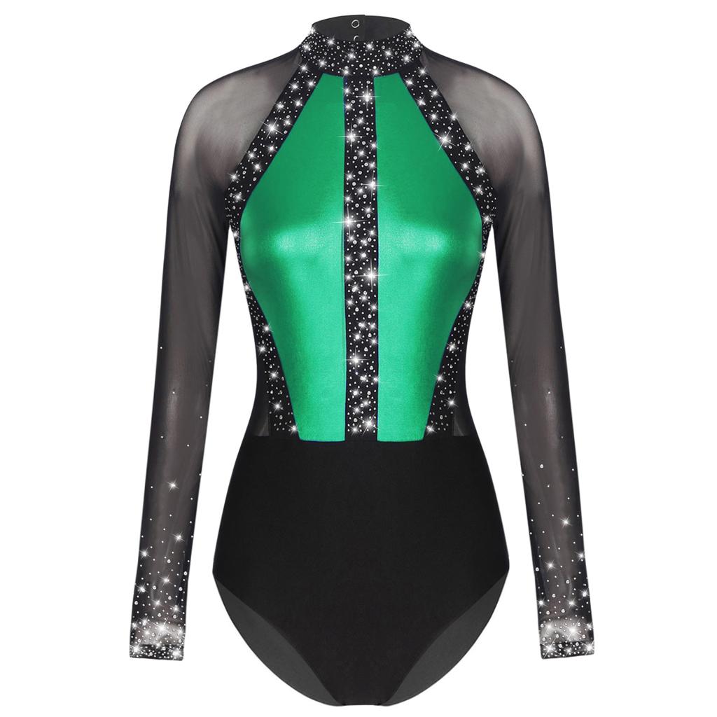 Womens Figure Skating Bodysuit Color Block Patchwork Keyhole Back Sheer Mesh Long Sleeve Rhinestone Leotard