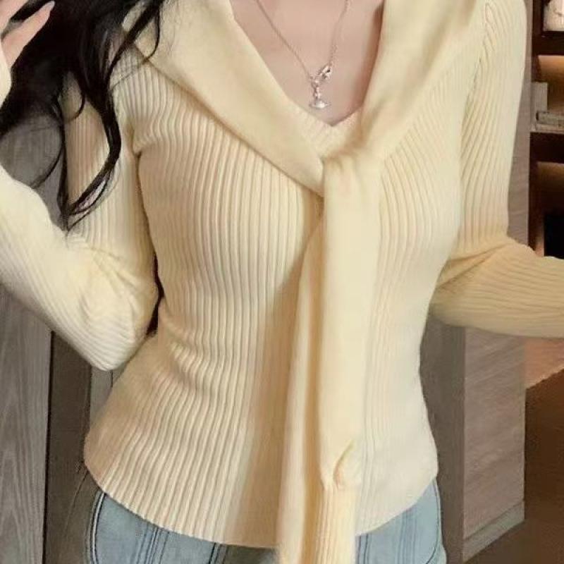 

Сладкий стиль темперамент шаль вязаный свитер женский осенний новый тонкий облегающий базовый топ one size fits all жёлтый