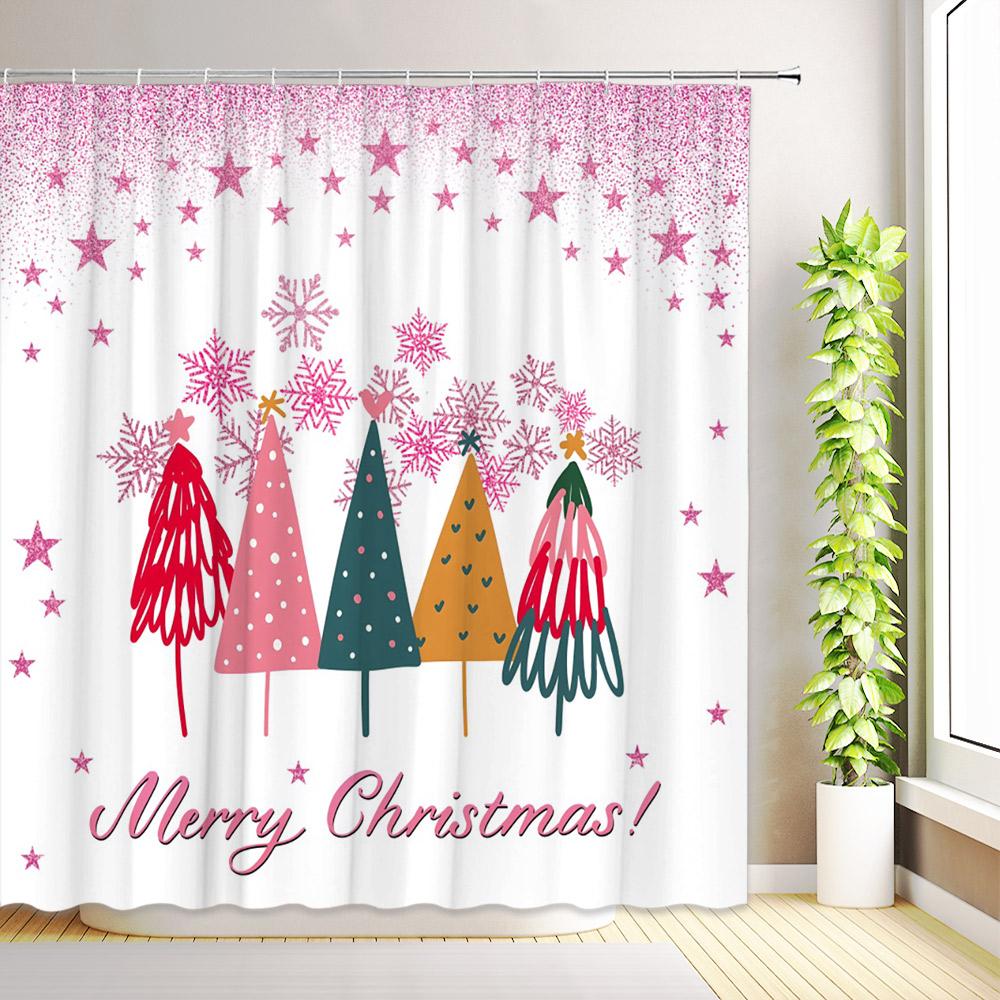 Merry Christmas Shower Curtain Xmas Tree Winter Snowflake Star Pine New Year Bath Curtains Fabric Bathroom Decor with Hooks