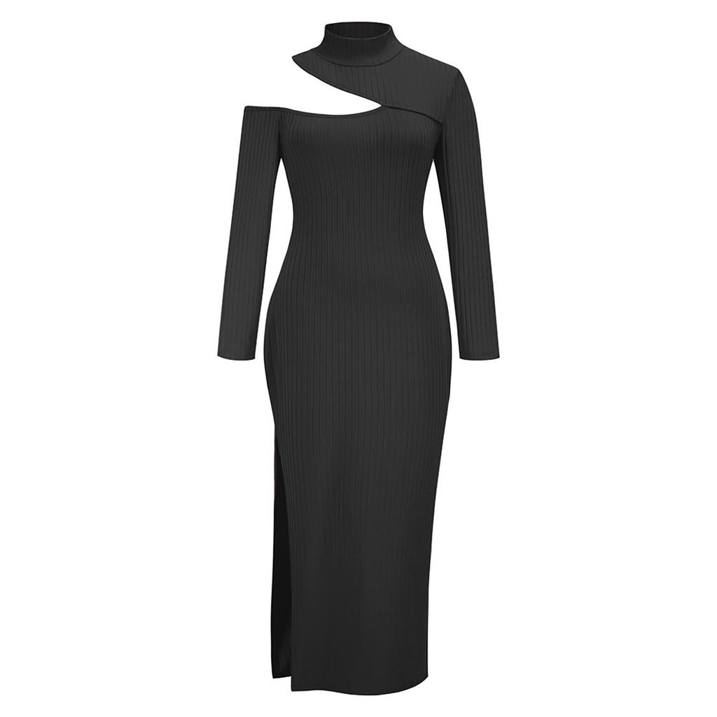 Damen Sexy Farbe Rollkragen Sexy Schlitz Temperament Kleid