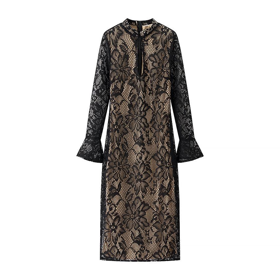 European & American Sexy Women's Long Sleeve Lace Hollow Out Slim Fit Cheongsam Dress