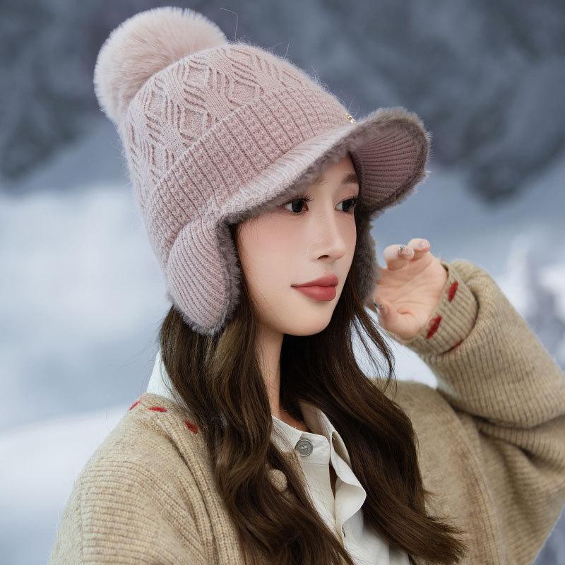 New Fleece Thickened Knitted Cap Women's Autumn and Winter Ear Bag Warm Wool Baseball Cap
