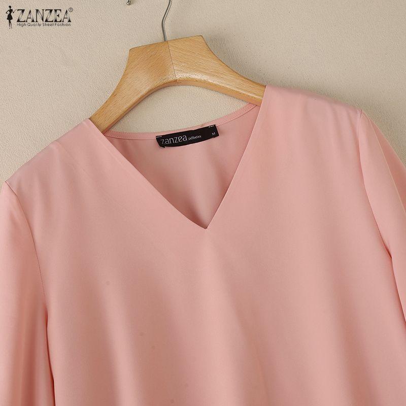 ZANZEA Women Casual V-Neck Solid Color 3/4 Sleeve Blouse