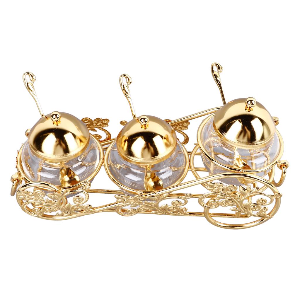 3 Piece Set European Style Gold Sugar Jar with Lid Spoon Polished Glass Seasoning Jar Condiment Pot