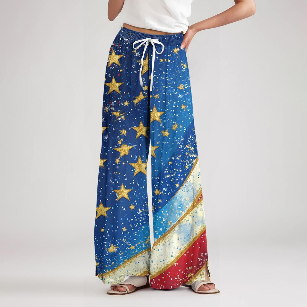 Ladies' loose casual independent day printed wide leg pants with elastic waist drawstring and pocket pants