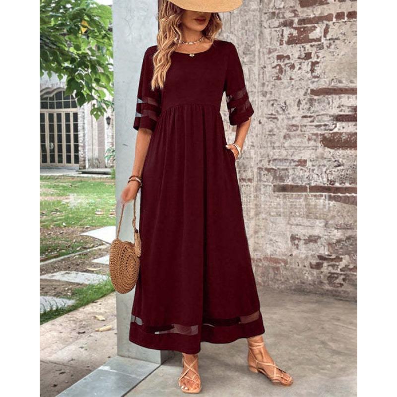 Plus Size Women s Mesh Patchwork Pocket Dress - Five-Sleeve Round Neck (2025) XL