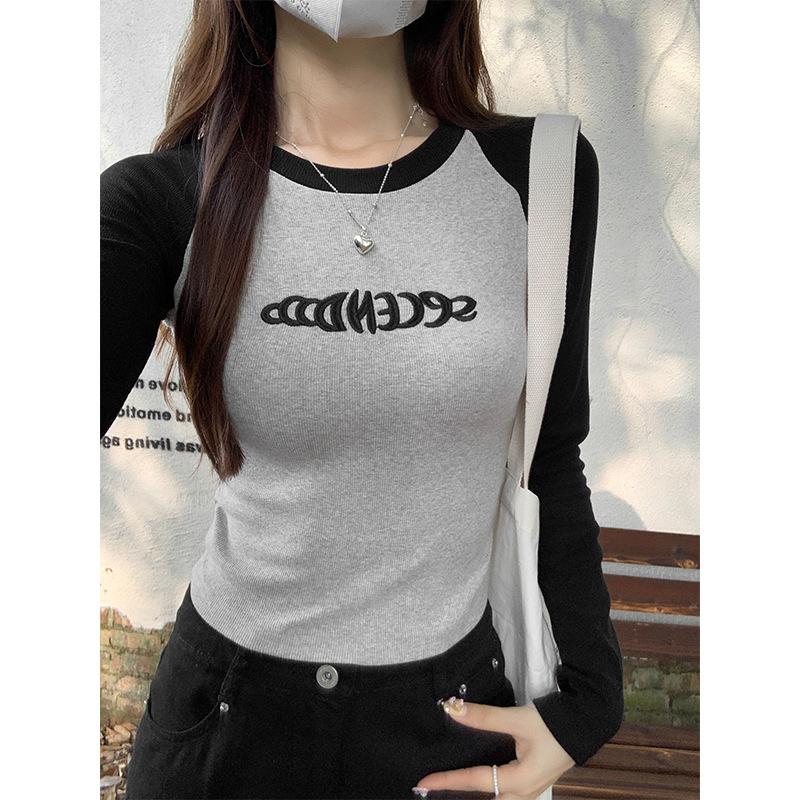 American raglan sleeve bottoming shirt T-shirt spring and autumn niche stitching color matching hot girl short embroidered long-sleeved top