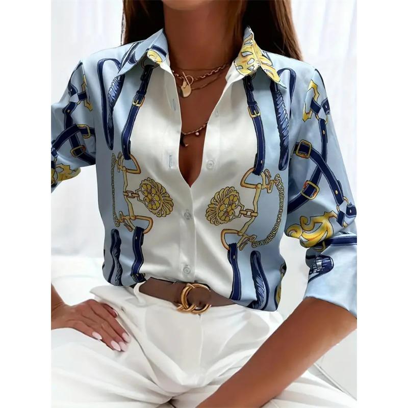 Boutique Pattern Printed Button Long Sleeve Women's Shirt Vintage Elegant Office Fashion Large Size Women's Daily Lapel Shirt