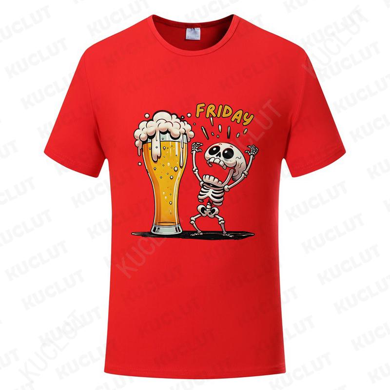 Fashion Men's T Shirt Skeleton Enjoying FRIDAY Beer Day Tees Funny Finally Friday for Drink Lover Male Clothes Short Sleeve Tops